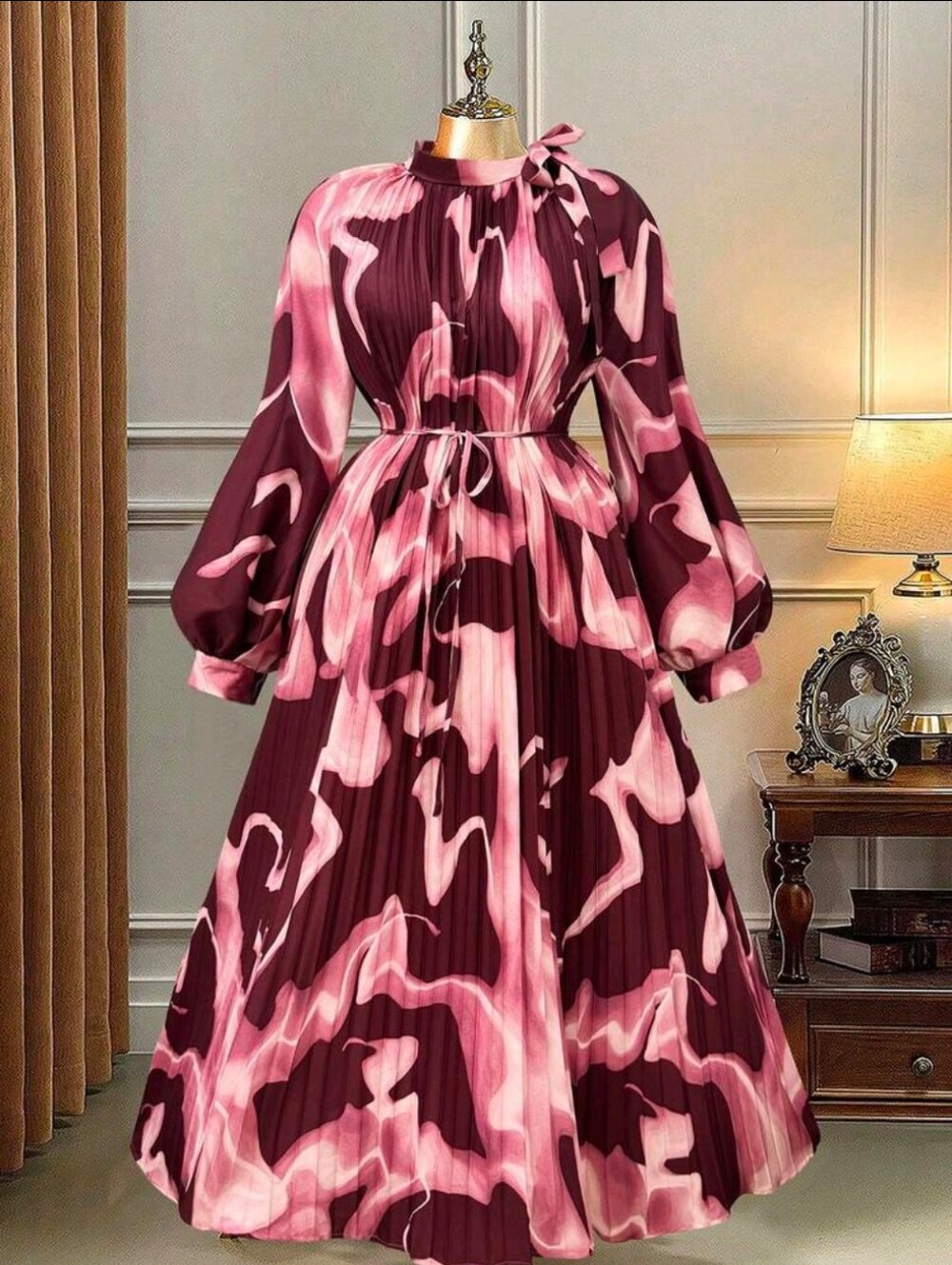 SHEIN Pink and Burgundy Pleated Tie-Neck Maxi Dress